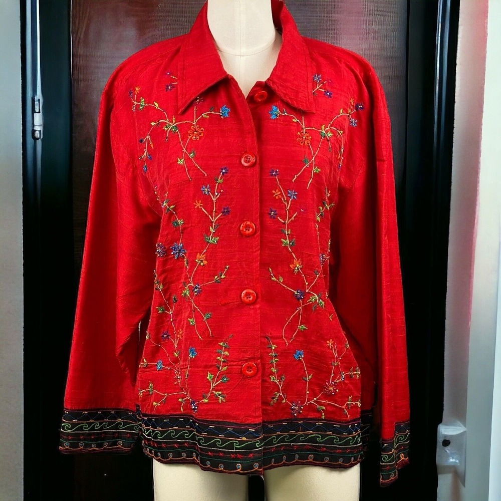 Life Style Embroidered Floral Top or Jacket Button Down‎ Size M Silk Blend